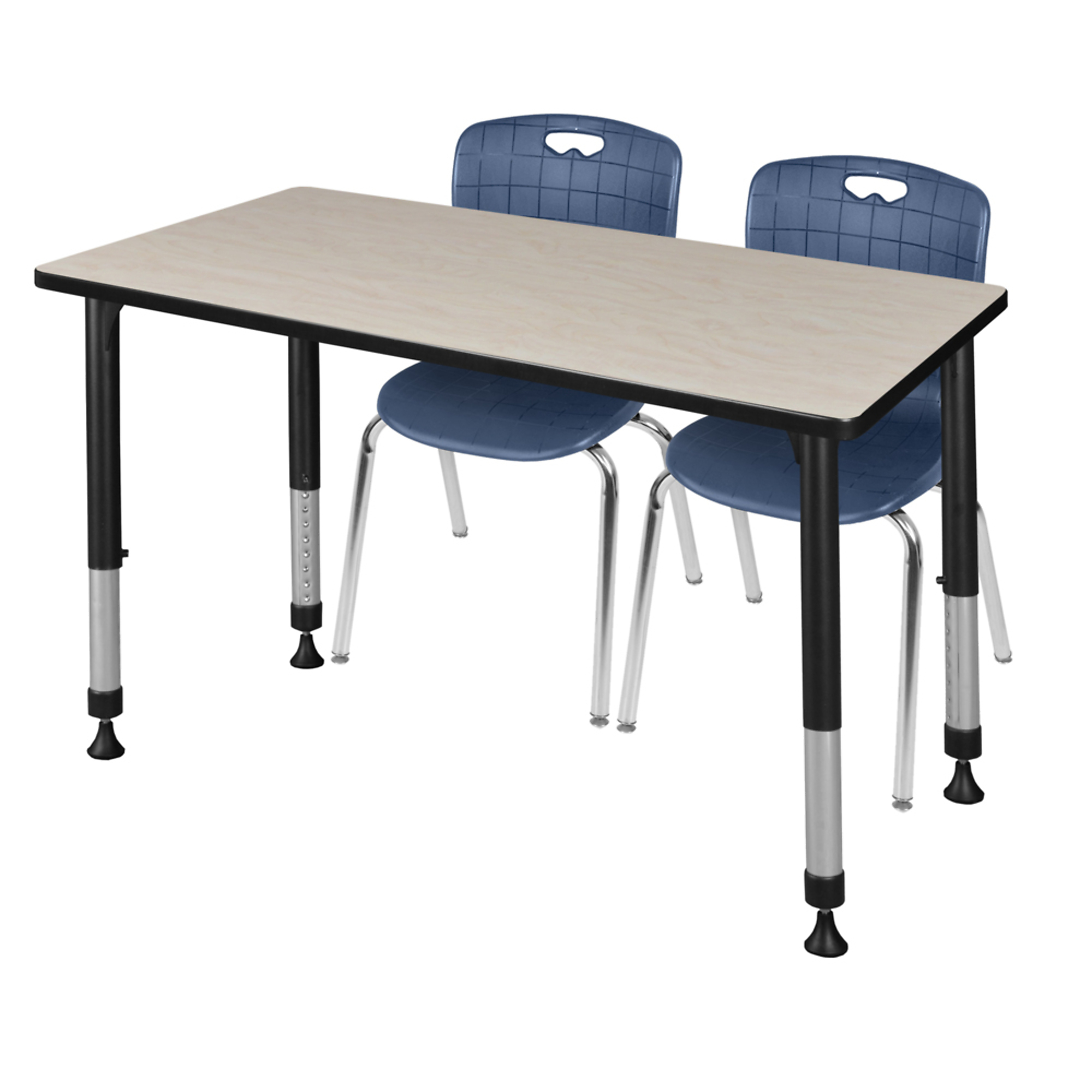 Regency Kee Adjustable Classroom Table with 2 Andy Stack Chairs — 48in. x 24in., Maple/Cherry, Navy Blue, Model# MT4824PLAPBK40NV